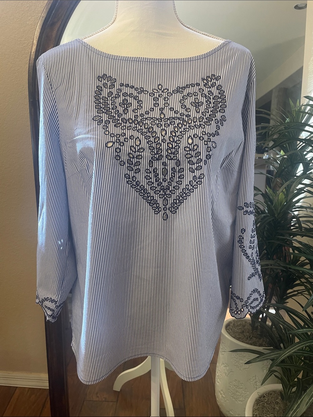 Blue/White Striped Women’s Boatneck Embroidered Blouse